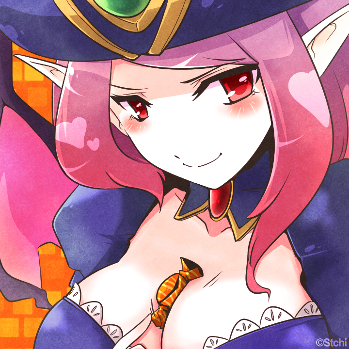 1girl alternate_costume alternate_hair_color artist_name between_breasts blush breasts candy cleavage commentary hat heart large_breasts league_of_legends long_hair morgana naughty_face pink_hair pointy_ears red_eyes smile solo stchi.wong watermark witch_hat