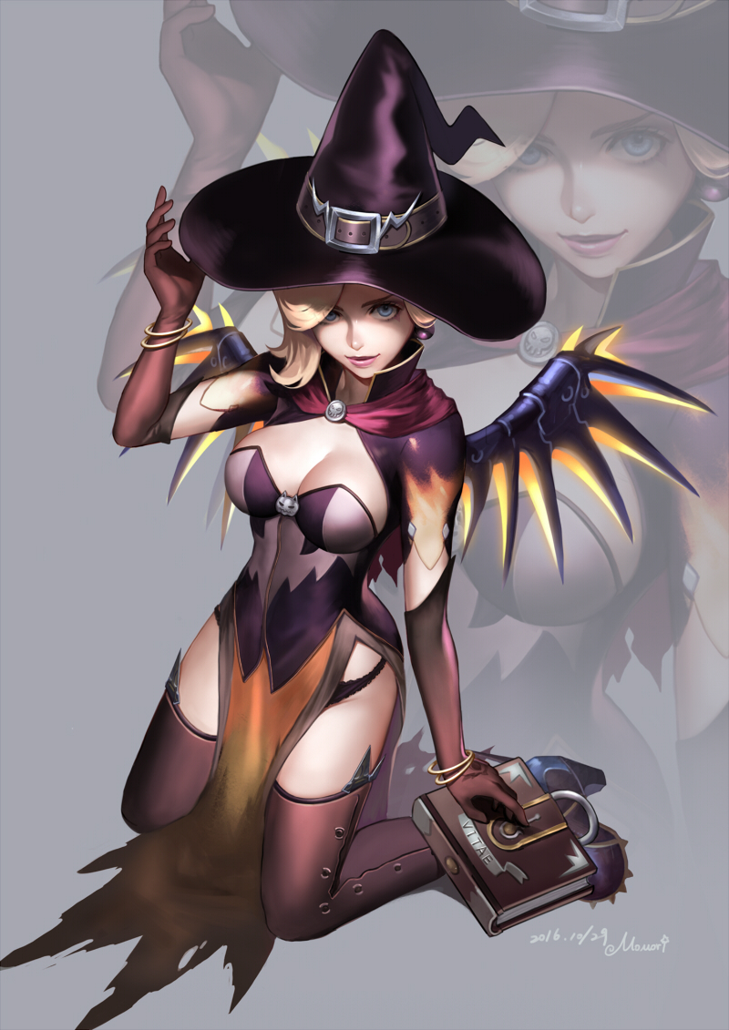 1girl 2016 alternate_costume artist_name bangle black_panties blonde_hair blue_eyes book bracelet breasts brown_gloves brown_legwear brown_shoes cape capelet cleavage cleavage_cutout closed_mouth covered_navel dated dress earrings elbow_gloves eyelashes gloves glowing glowing_wings groin halloween halloween_costume hand_on_headwear hand_up hat hat_belt high_heels jewelry kneeling lace lace-trimmed_panties lipstick loincloth looking_at_viewer makeup mechanical_wings medium_breasts mercy_(overwatch) momori overwatch panties pelvic_curtain pink_lips pink_lipstick red_cape shoes short_sleeves smile solo spiked_shoes spikes spread_wings thigh-highs underwear wings witch witch_hat witch_mercy yellow_wings