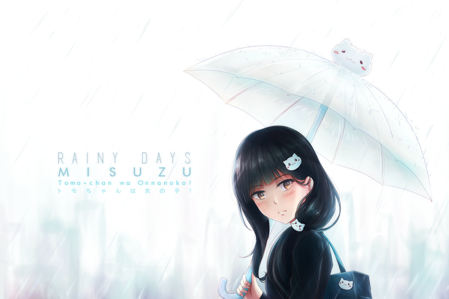 1girl :3 bag black_hair blush_stickers brown_eyes cardigan cat_hair_ornament closed_mouth copyright_name english frown gundou_misuzu hair_ornament hair_over_shoulder holding holding_umbrella long_hair looking_at_viewer rain school_bag school_uniform shuryukan solo tomo-chan_wa_onna_no_ko umbrella upper_body