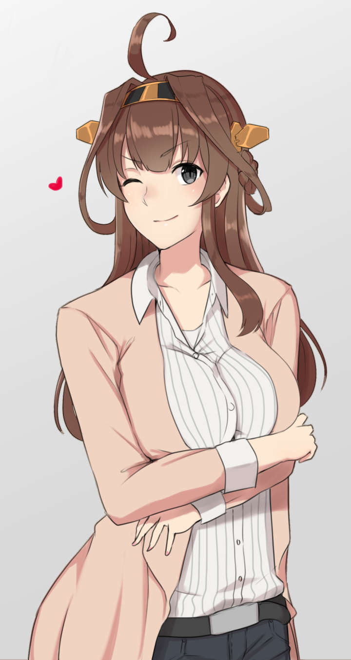 1girl ahoge alternate_costume breast_hold breasts brown_hair contemporary crossed_arms dress_shirt grey_eyes hairband heart highres jacket kantai_collection kongou_(kantai_collection) large_breasts long_hair looking_at_viewer one_eye_closed open_clothes open_jacket pinstripe_pattern shirt smile solo taka_(vert_320)