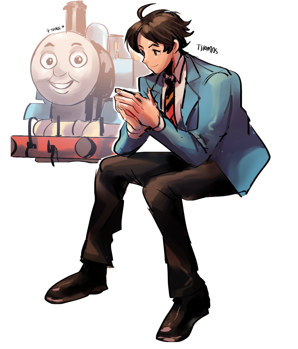 blazer brown_hair character_name glasses_enthusiast hands_together highres invisible_chair jacket locomotive personification projected_inset school_uniform simple_background sitting smile steam_locomotive thomas_the_tank_engine thomas_the_tank_engine_(character) white_background