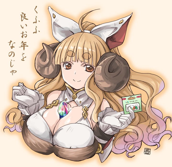 1girl ahoge anila_(granblue_fantasy) bangs blonde_hair blunt_bangs bow breasts cleavage detached_sleeves doraf eyebrows eyebrows_visible_through_hair gem gift_card gloves granblue_fantasy hair_bow holding horns large_breasts long_hair long_sleeves looking_at_viewer orange_eyes sheep sheep_horns smile solo thick_eyebrows translation_request white_gloves winter_clothes yano_takumi