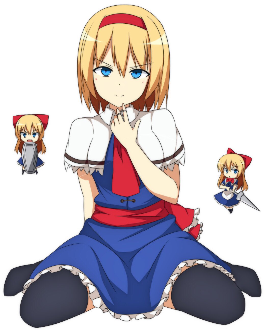 &gt;:) 1girl alice_margatroid ascot bangs black_legwear blonde_hair blue_dress blue_eyes bow capelet doll dress enushi_(toho193) full_body hair_bow hairband highres kneeling looking_at_viewer polearm red_bow sash shanghai_doll shield short_hair simple_background smile spear thigh-highs touhou weapon white_background