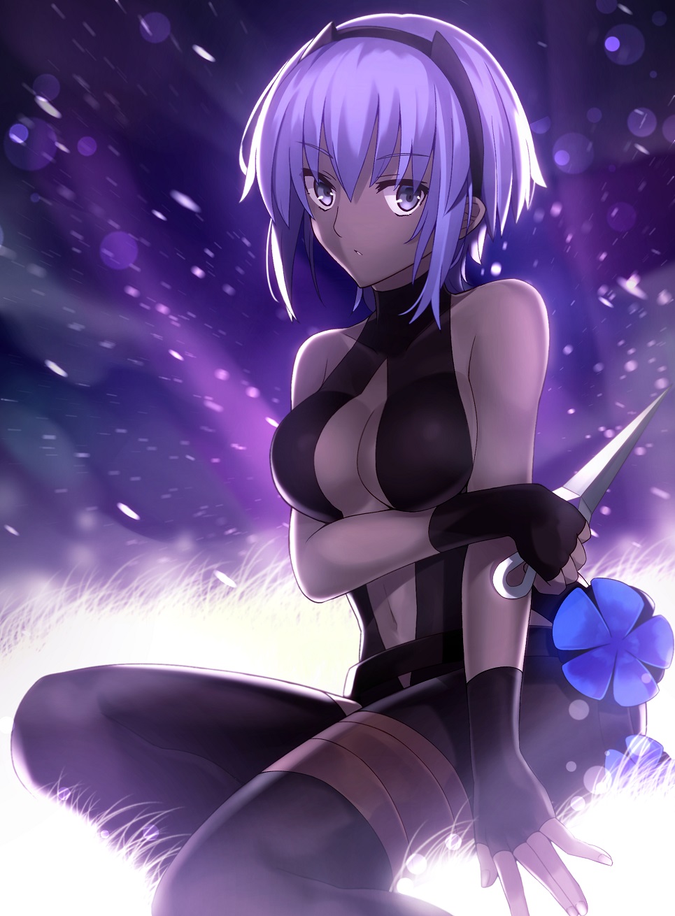 1girl assassin_(fate/prototype_fragments) bare_shoulders black_gloves black_legwear breasts cleavage_cutout dark_skin fate/prototype fate/prototype:_fragments_of_blue_and_silver fate_(series) fingerless_gloves flower gloves hairband highres kunai light_particles looking_at_viewer medium_breasts minamina purple_hair short_hair sitting solo thigh_strap violet_eyes weapon yokozuwari