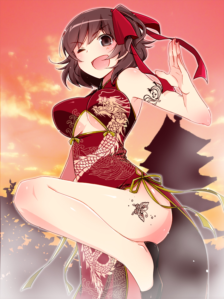 &gt;;d 1girl ;d arm_tattoo b_(kana0816) blush breasts brown_eyes brown_hair building butterfly_tattoo china_dress chinese_clothes dragon_print dress eyebrows eyebrows_visible_through_hair fighting_stance kami_nomi_zo_shiru_sekai leg_tattoo leg_up medium_breasts one_eye_closed one_side_up open_mouth outdoors red_dress red_ribbon ribbon silhouette sky smile solo sunset takahara_ayumi tattoo underbust