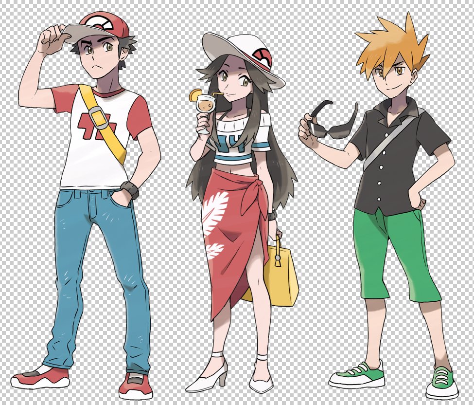 1girl 2boys :&lt; adjusting_clothes adjusting_hat arms_behind_back backpack bag bare_shoulders baseball_cap black_bra blue_(pokemon) bra bracelet brown_eyes brown_hair buttons capri_pants chocogrotto closed_mouth clothes_writing collarbone crop_top denim drinking food fruit full_body green_pants hand_in_pocket hand_on_hip handbag hat high_heels holding jeans jewelry lemon lemon_slice long_hair looking_at_viewer looking_to_the_side multiple_boys navel off_shoulder official_art official_style older ookido_green ookido_green_(sm) open_collar orange_eyes orange_hair pants parody pokemon pokemon_(game) pokemon_sm raglan_sleeves red_(pokemon) red_(pokemon)_(sm) sarong serious shirt shoes short_hair smile sneakers spiky_hair strap style_parody sugimori_ken sun_hat sunglasses sunglasses_removed t-shirt underwear v-neck what_if white_hat
