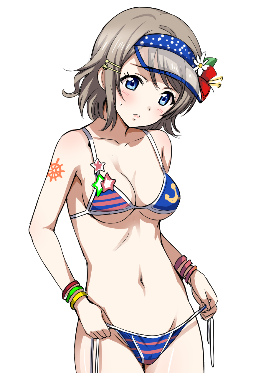 1girl bikini bikini_bottom_removed blue_eyes blush bottomless breasts brown_hair clothes_in_front commentary_request flower hair_flower hair_ornament hairclip highres love_live! love_live!_sunshine!! medium_breasts navel polka_dot rozen5 short_hair side-tie_bikini solo striped striped_bikini swimsuit tattoo visor_cap watanabe_you