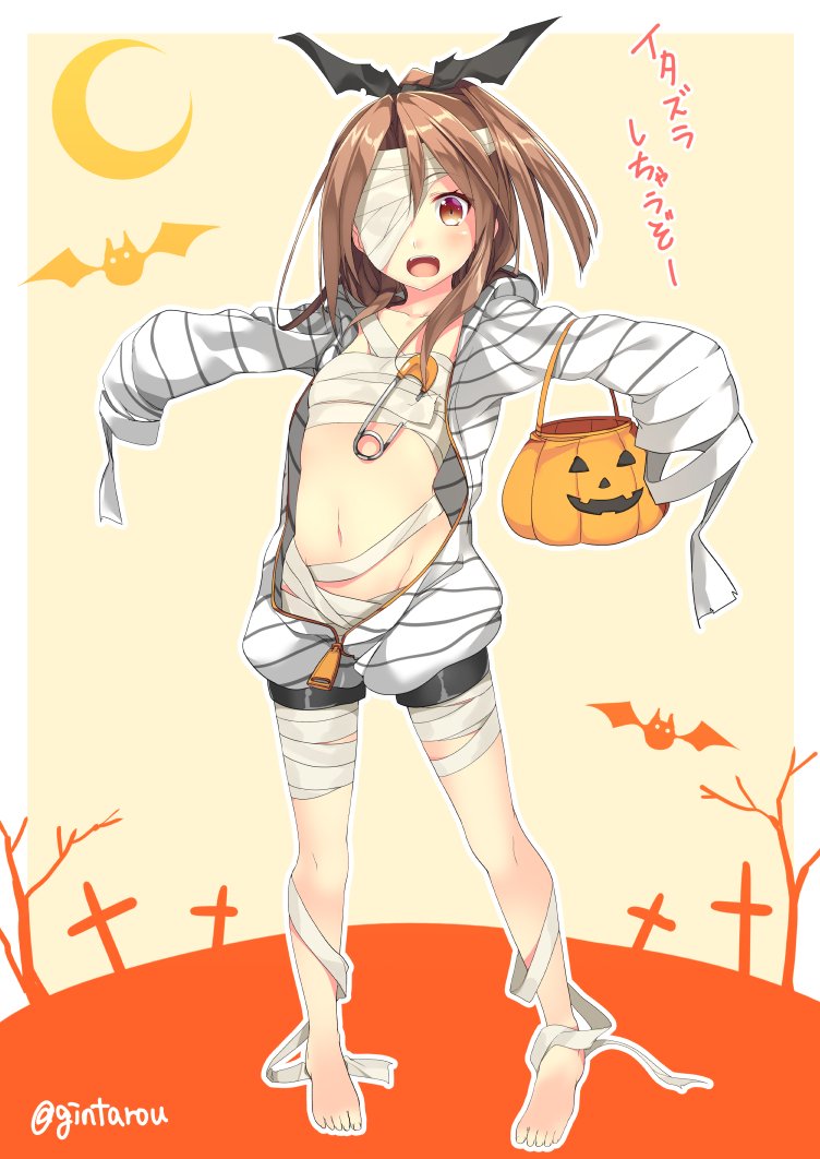 1girl bandages barefoot bat bike_shorts blush breasts brown_eyes crescent_moon gintarou_(kurousagi108) hair_ribbon halloween halloween_costume high_ponytail hood hoodie jack-o'-lantern kantai_collection light_brown_hair long_hair long_sleeves looking_at_viewer moon mummy_(cosplay) navel open_clothes open_hoodie open_mouth outstretched_arms ponytail ribbon sleeves_past_wrists small_breasts smile solo spread_arms translation_request zuihou_(kantai_collection)