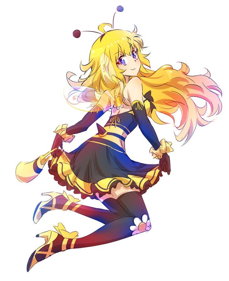 1girl bee bee_costume blonde_hair commentary curly_hair dress iesupa insect_girl long_hair rwby smile solo violet_eyes yang_xiao_long