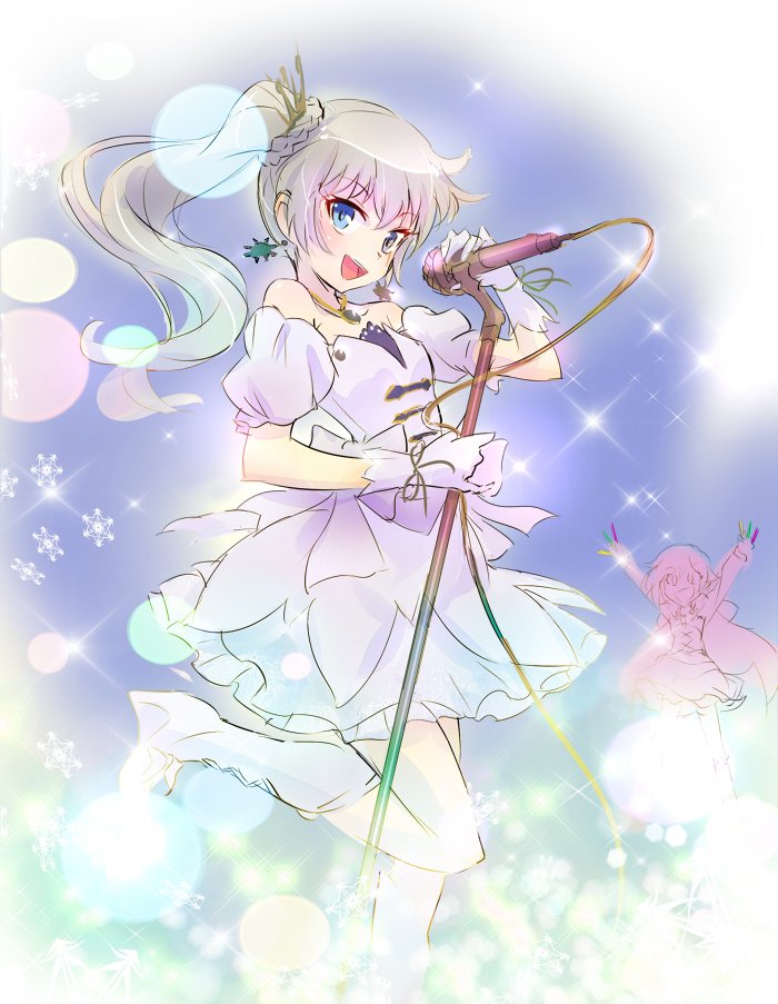 blue_eyes commentary earrings idol iesupa jewelry microphone microphone_stand music ruby_rose rwby scar singing sparkle weiss_schnee white_hair