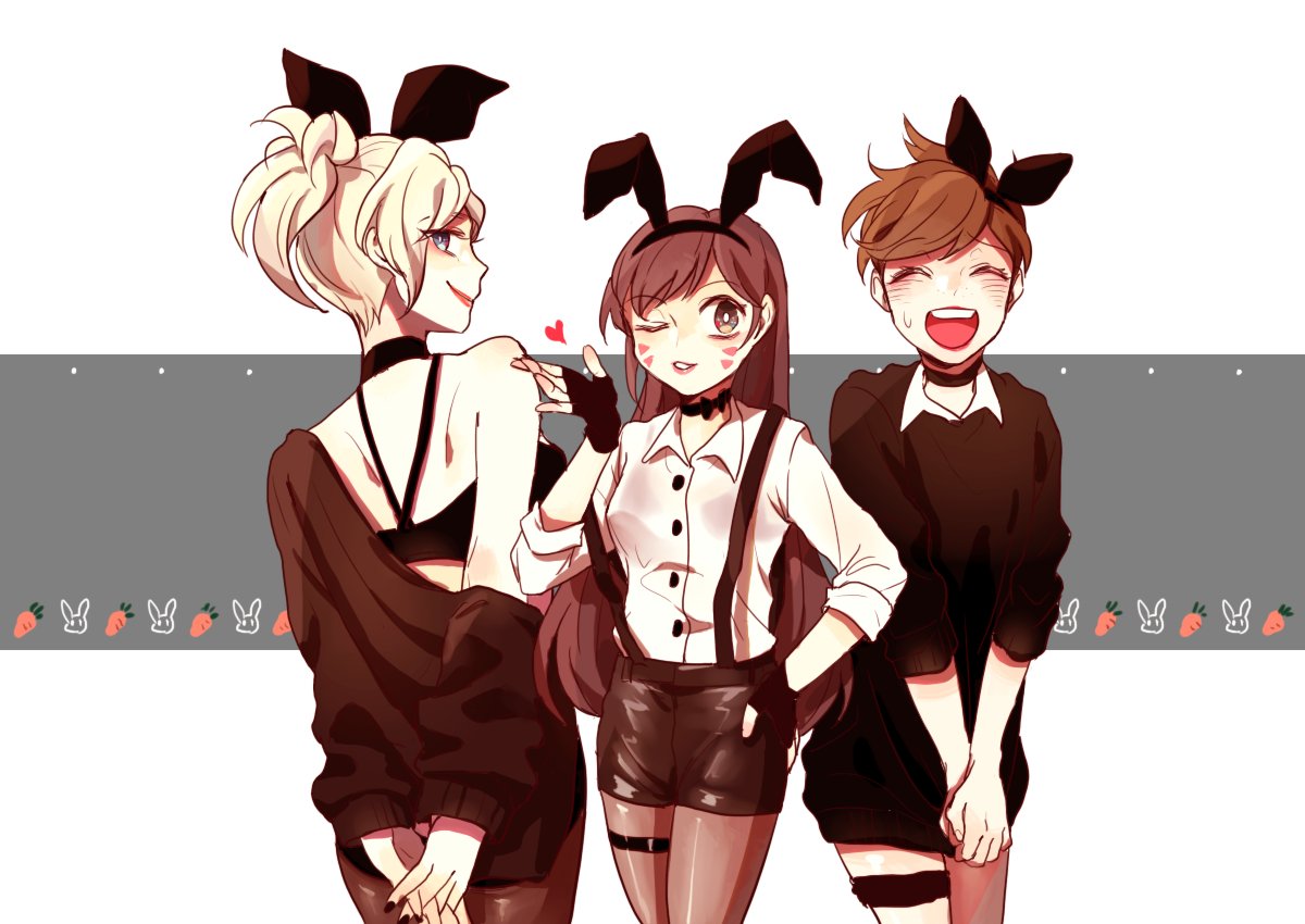 3girls animal_ears arms_behind_back back bandeau bangs bare_shoulders black_choker black_dress black_gloves black_nails black_shorts black_sweater blush breasts brown_hair brown_legwear buttons choker closed_eyes closed_mouth collared_shirt cowboy_shot d.va_(overwatch) dress dress_shirt eyebrows eyebrows_visible_through_hair facepaint facial_mark fake_animal_ears fingerless_gloves fingernails from_behind gloves hairband hand_on_hip hands_together hands_up ieru1826 lipstick long_hair looking_back makeup mercy_(overwatch) multiple_girls nail_polish off-shoulder_sweater open_mouth overwatch pantyhose parted_lips pink_lips pink_lipstick ponytail rabbit_ears red_lips red_lipstick ribbon_choker shirt short_dress short_hair short_sleeves shorts shoulder_blades skirt sleeves_past_elbows smile spiky_hair suspenders sweatdrop sweater sweater_dress swept_bangs teeth thigh_strap tracer_(overwatch) whisker_markings white_shirt