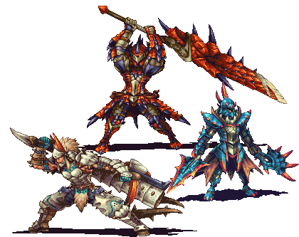 3boys abysswolf armor arms_up barioth_(armor) breastplate covered_eyes dual_wielding fighting_stance full_armor full_body gauntlets greatsword greaves helmet holding holding_sword holding_weapon horned_helmet horns huge_weapon hunting_horn lagiacrus_(armor) lowres male_focus monster_hunter multiple_boys pauldrons pixel_art rathalos_(armor) spikes standing sword transparent_background weapon