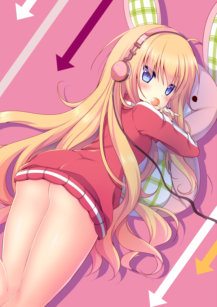 1girl ass bangs blonde_hair blue_eyes blush candy covering_mouth directional_arrow eyebrows_visible_through_hair food from_above from_behind gabriel_dropout headphones holding holding_food jacket leg_up lollipop long_hair looking_at_viewer looking_back lying naked_track_jacket niki_(aroma_terrace) no_panties on_stomach pink_background shadow silhouette solo star star_print stuffed_animal stuffed_bunny stuffed_toy tenma_gabriel_white thighs track_jacket very_long_hair