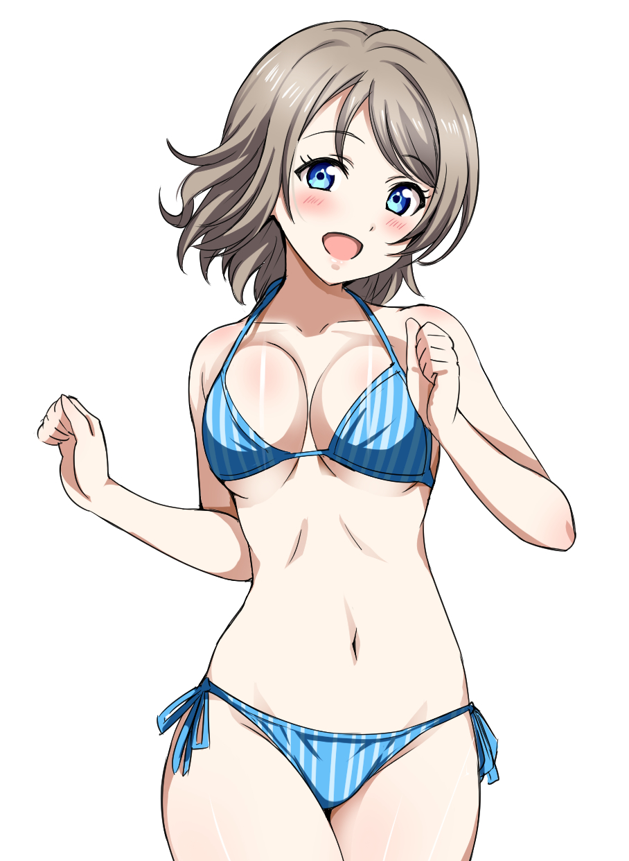 1girl bikini blue_bikini blue_eyes blush bouncing_breasts breasts brown_hair commentary_request highres looking_at_viewer love_live! love_live!_sunshine!! navel rozen5 short_hair side-tie_bikini simple_background solo striped swimsuit vertical-striped_bikini vertical_stripes watanabe_you white_background