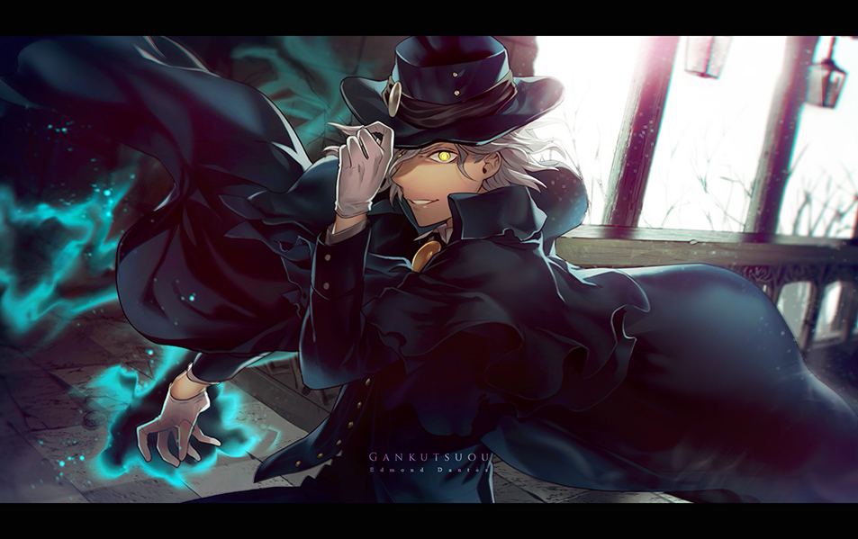 1boy adjusting_clothes adjusting_hat black_hat black_shirt cape capelet character_name edmond_dantes_(fate/grand_order) fate/grand_order fate_(series) fedora gloves hair_over_one_eye hat kyou_zip looking_at_viewer male_focus shirt solo white_gloves white_hair yellow_eyes