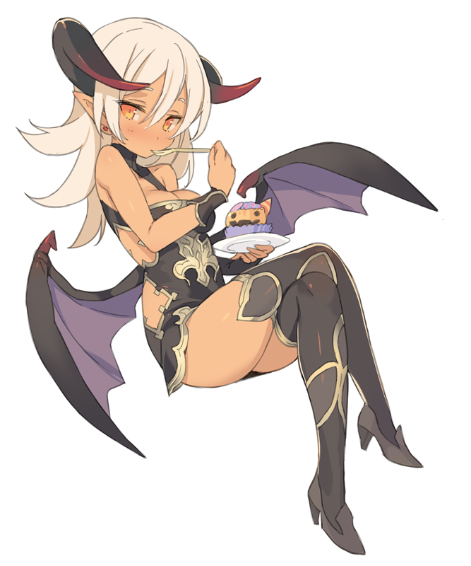 1girl birthday blade_(galaxist) blonde_hair blush boots breasts cleavage cleavage_cutout crossed_legs cupcake dark_elf dark_skin demon_horns demon_wings dress earrings eating elf fake_horns fake_wings food fork full_body holding horns jenna_kirsty jewelry long_hair official_art open_clothes orange_eyes plate pointy_ears pop-up_story short_dress simple_background solo spoon thigh-highs thigh_boots white_background wings