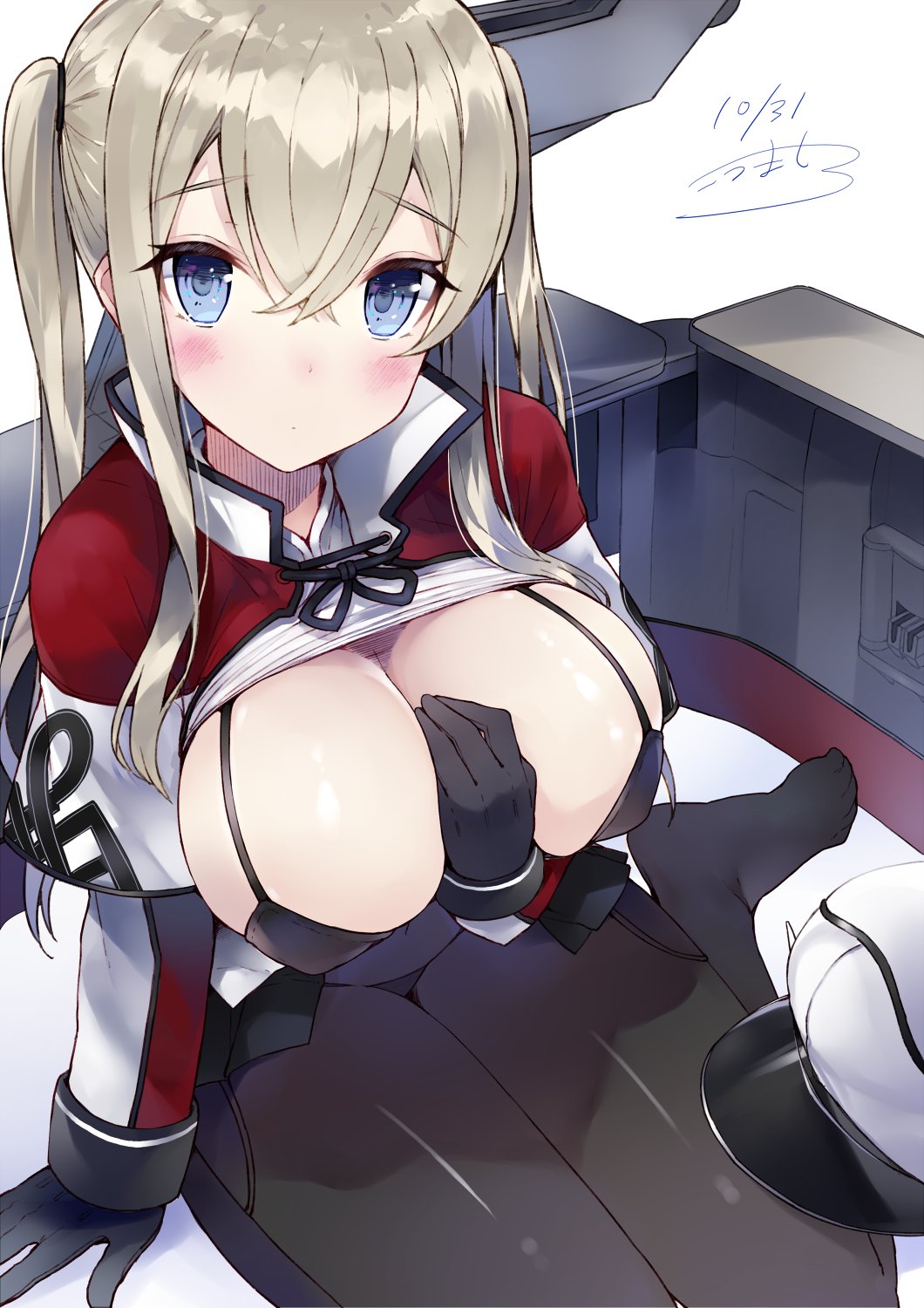 1girl arm_support black_bra black_gloves black_legwear blonde_hair blush bra breasts capelet celtic_knot commentary_request dated gloves graf_zeppelin_(kantai_collection) hair_between_eyes hat hat_removed headwear_removed highres kantai_collection kou_mashiro large_breasts looking_at_viewer military military_hat military_uniform miniskirt no_shoes pantyhose peaked_cap shirt_lift sidelocks sitting skirt solo tsurime twintails underwear uniform yokozuwari