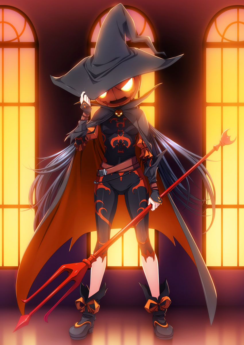 1girl adjusting_clothes adjusting_hat black_hair glowing halloween hat highres jack-o'-lantern long_hair long_sleeves original polearm puffy_short_sleeves puffy_sleeves pumpkin rezi short_sleeves solo trident weapon window witch_hat