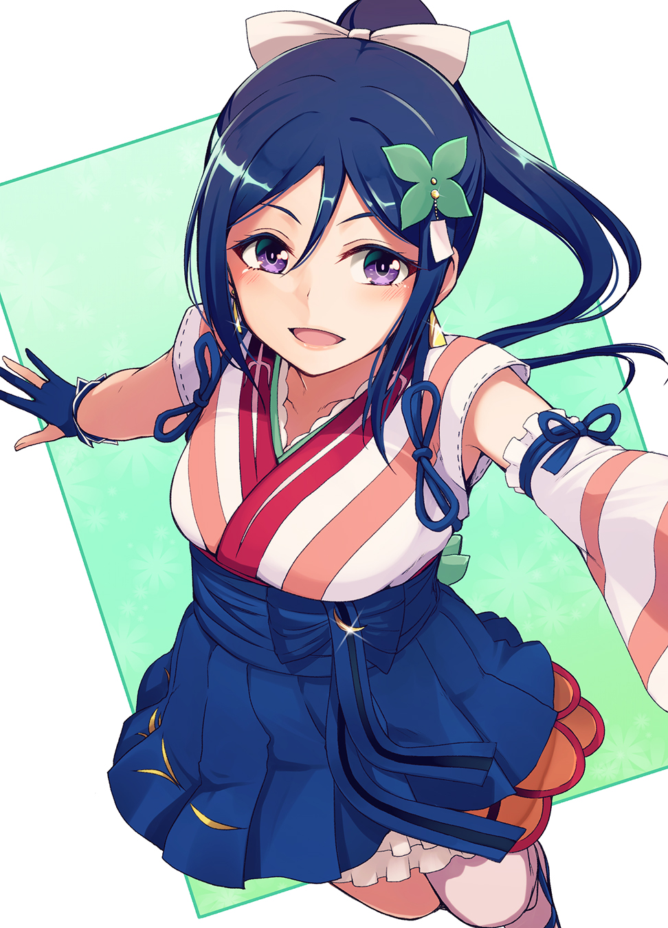1girl blue_hair bow detached_sleeves earrings frills from_above glint gloves hair_bow hair_ornament highres jewelry long_hair looking_at_viewer love_live! love_live!_sunshine!! matsuura_kanan mijuku_dreamer nanotsuki open_mouth outside_border outstretched_arms partly_fingerless_gloves pleated_skirt ponytail skirt smile solo violet_eyes