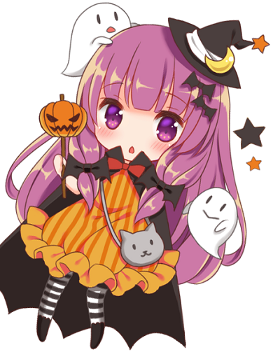 1girl bangs black_bow black_cape black_hat blunt_bangs bow bowtie crescent crescent_hair_ornament dress eyebrows eyebrows_visible_through_hair ghost hair_bow hair_ornament hair_ribbon halloween hat jack-o'-lantern kagome_f long_hair mini_hat mini_witch_hat on_head open_mouth orange_dress pantyhose patchouli_knowledge purple_hair red_bow red_bowtie ribbon simple_background solo star striped striped_dress striped_legwear touhou tress_ribbon very_long_hair violet_eyes wand white_background witch_hat