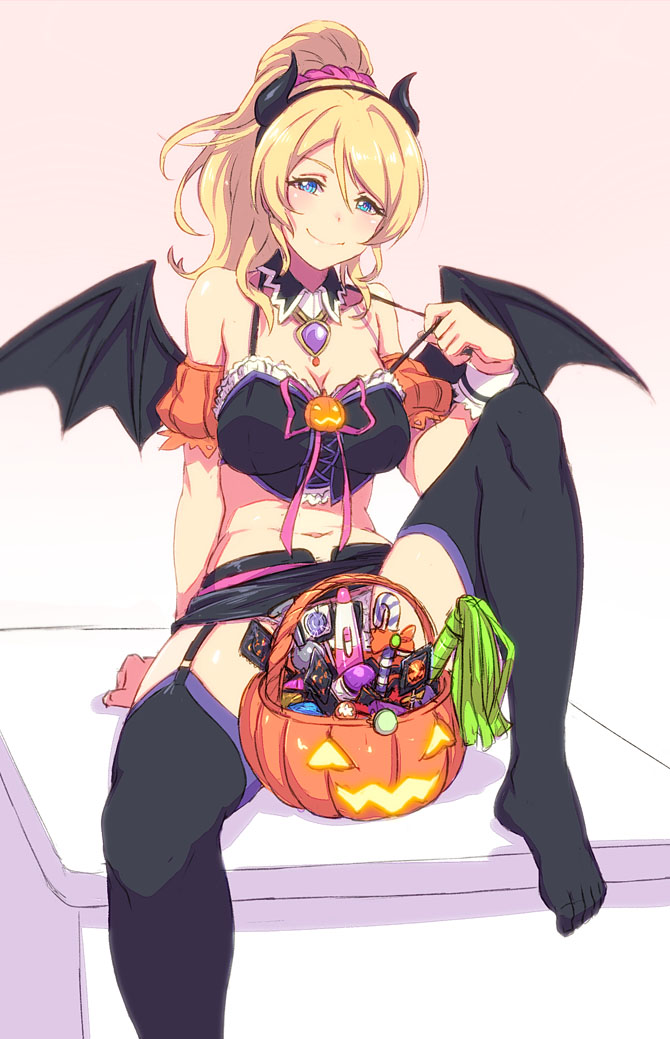 &gt;:) 1girl ayase_eli basket bat_wings between_legs blonde_hair blue_eyes breasts candy cleavage crop_top cross-laced_clothes demon_horns detached_collar detached_sleeves fake_horns flogger garter_straps hair_between_eyes halloween horns jack-o'-lantern large_breasts leg_up looking_at_viewer love_live! love_live!_school_idol_festival love_live!_school_idol_project microskirt midriff navel neck_ribbon osr_hugo pink_background pink_ribbon ponytail puffy_short_sleeves puffy_sleeves ribbon scrunchie short_sleeves sitting skirt solo spread_legs strap_pull thigh-highs toes wings