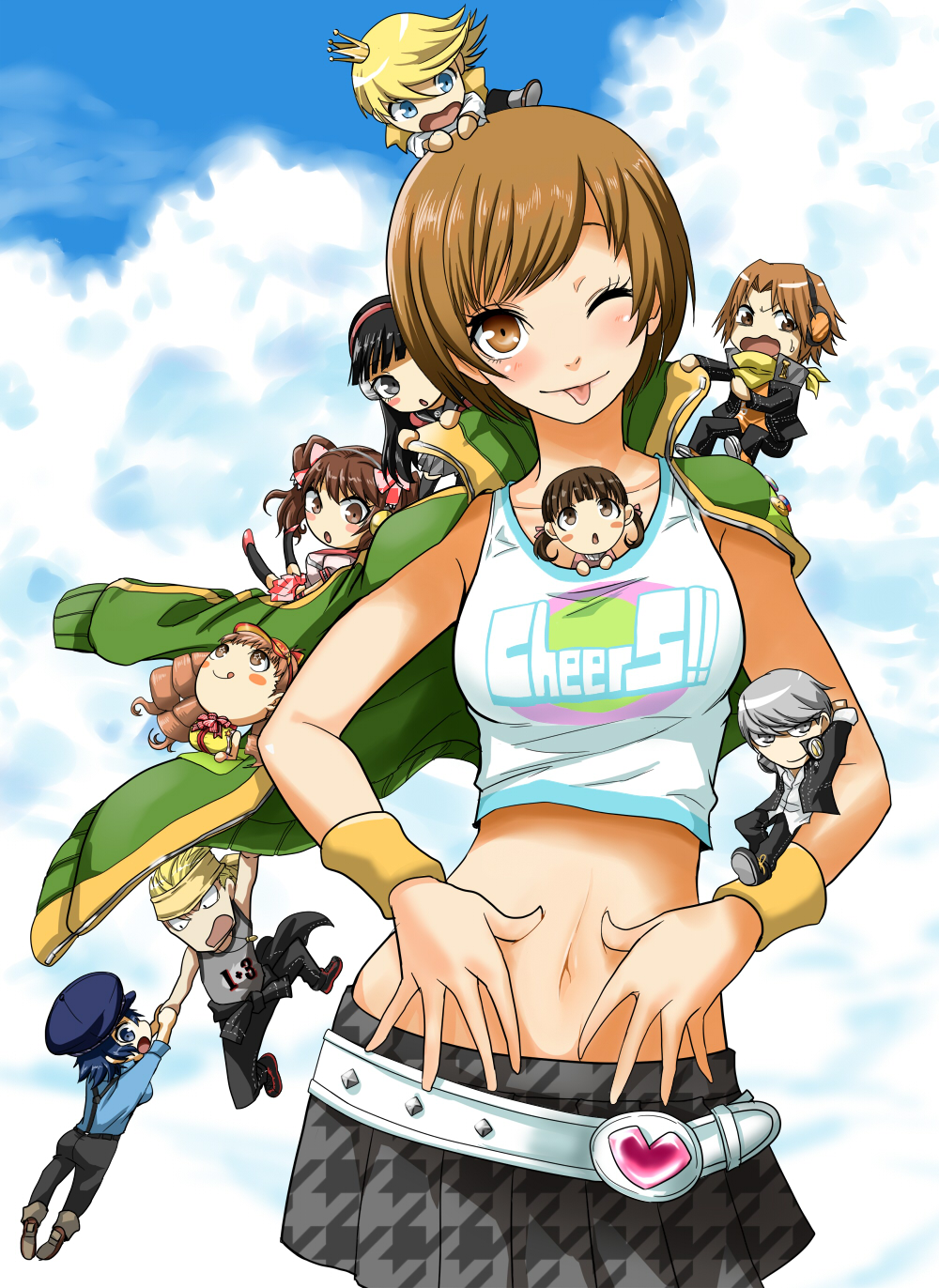 4boys 6+girls alternate_legwear amagi_yukiko belt brown_hair chibi doujima_nanako hanamura_yousuke highres kujikawa_rise kuma_(persona_4) kurosususu looking_at_viewer mashita_kanami midriff multiple_boys multiple_girls narukami_yuu navel persona persona_4 persona_4:_dancing_all_night satonaka_chie shirogane_naoto skirt smile tatsumi_kanji thigh-highs tongue tongue_out