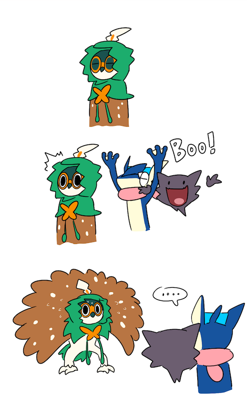 ... bird decidueye english frog ghost greninja haunter hood hoodie no_humans owl plainwhite pokemon pokemon_(creature) pokemon_(game) pokemon_sm scared speech_bubble spoken_ellipsis