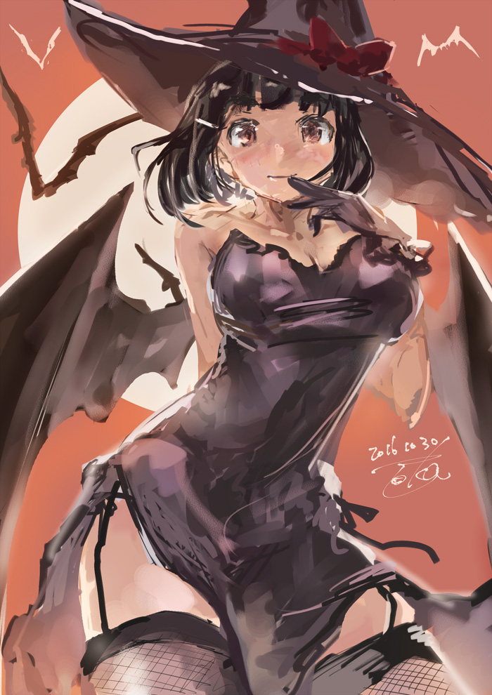 1girl bare_shoulders bat breasts brown_eyes cleavage contrapposto dated demon_girl fishnets garter_straps gloves hand_to_own_mouth hat short_hair thigh-highs toka_(marchlizard) wings witch witch_hat