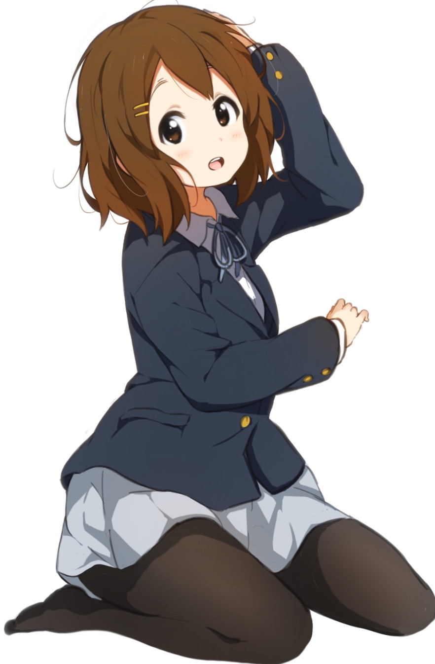 1girl blue_skirt brown_eyes brown_hair highres hirasawa_yui icehotmilktea k-on! pantyhose round_teeth school_uniform short_hair sitting skirt teeth wariza