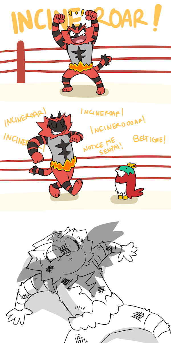 bird english hawlucha highres incineroar no_humans plainwhite pokemon pokemon_(creature) pokemon_(game) pokemon_sm tiger wrestling_ring