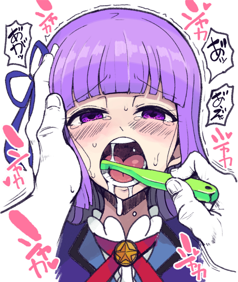 aikatsu! blush brushing_teeth hikami_sumire long_hair looking_at_viewer motsu_aki partially_translated purple_hair toothbrush translation_request violet_eyes