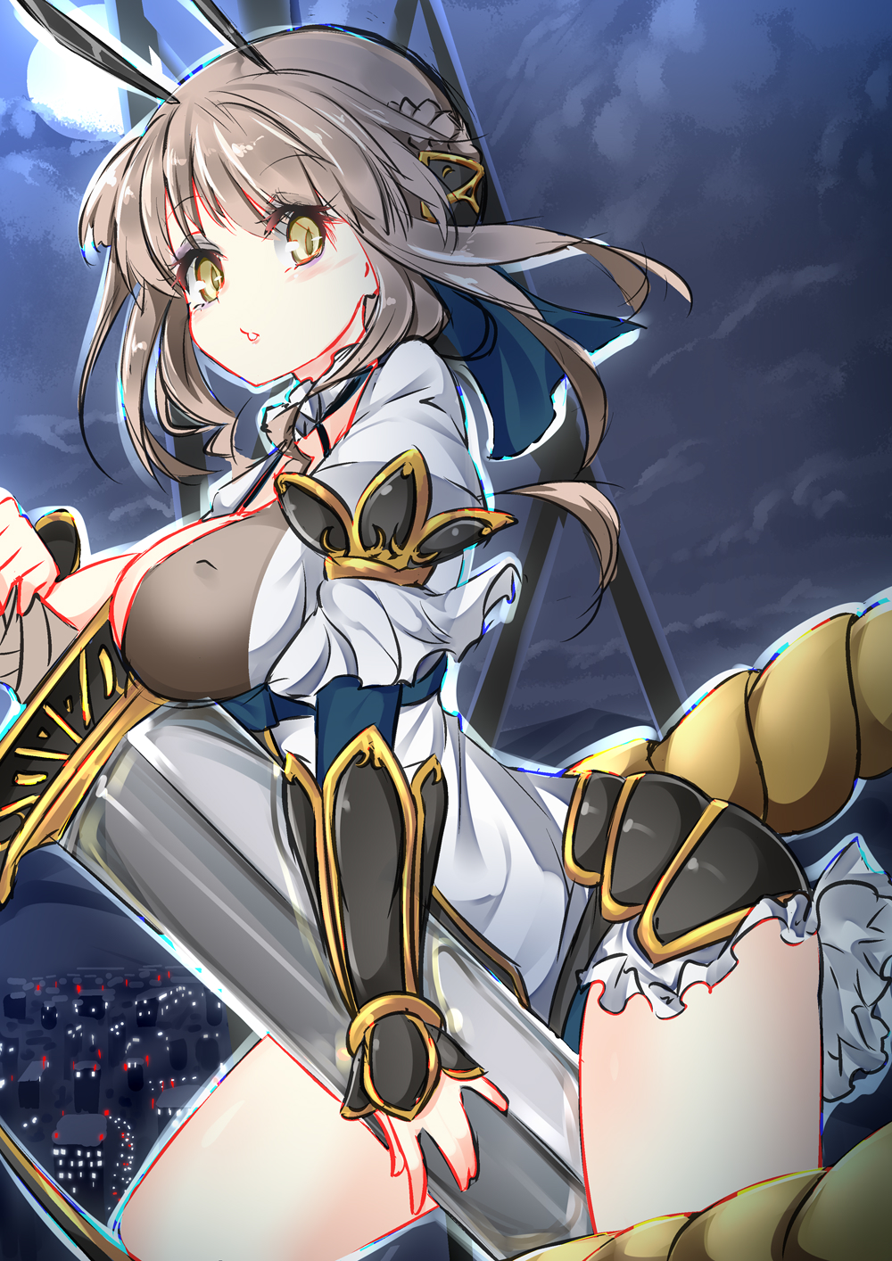 1girl breasts brown_hair highres inu3 la_pucelle_(mahoiku) large_breasts long_hair mahou_shoujo_ikusei_keikaku sword weapon yellow_eyes