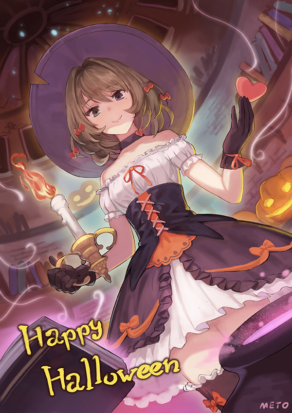 1girl bare_shoulders black_gloves blue_eyes brown_hair candle candlestand choker commentary_request corset dress fringe from_below gloves green_eyes halloween happy_halloween hat heterochromia idolmaster idolmaster_cinderella_girls looking_at_viewer looking_down meto31 mole mole_under_eye short_hair smile solo takagaki_kaede witch_hat
