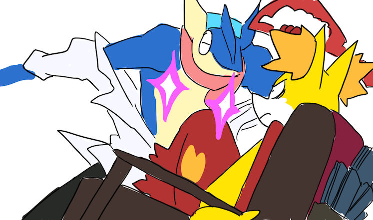 delphox greninja kill_la_kill matoi_ryuuko mikisugi_aikurou no_humans parody plainwhite pokemon pokemon_(creature) sparkle