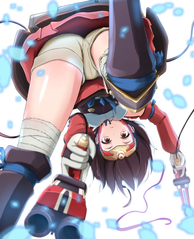 1girl bandaged_leg blue_ribbon blurry brown_hair depth_of_field dual_wielding foreshortening from_below gloves gun hakama_skirt holding holding_gun holding_weapon koutetsujou_no_kabaneri mumei_(kabaneri) panikuru_yuuto perspective ribbon short_hair shorts_under_skirt solo weapon