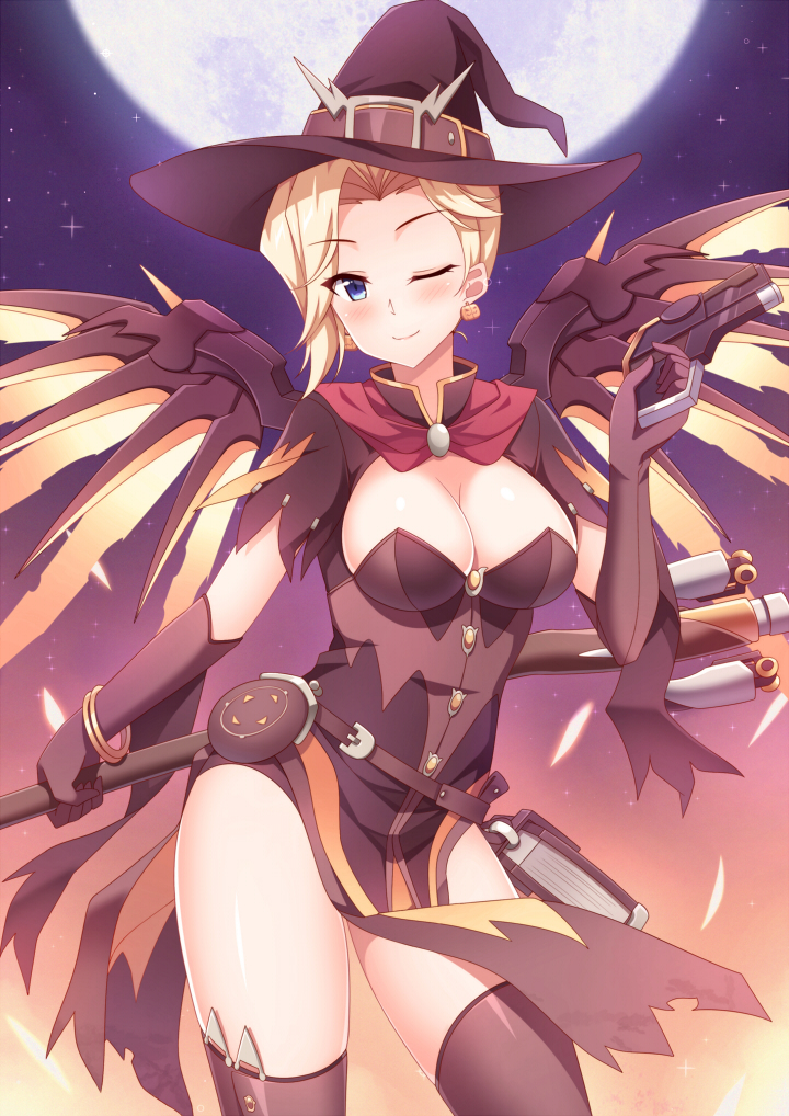 1girl blonde_hair blue_eyes breasts cleavage eyebrows eyebrows_visible_through_hair full_moon gun halloween hat high_ponytail long_hair mechanical_wings mercy_(overwatch) mmrailgun moon one_eye_closed overwatch smile solo staff thigh-highs weapon wings witch_hat yellow_wings