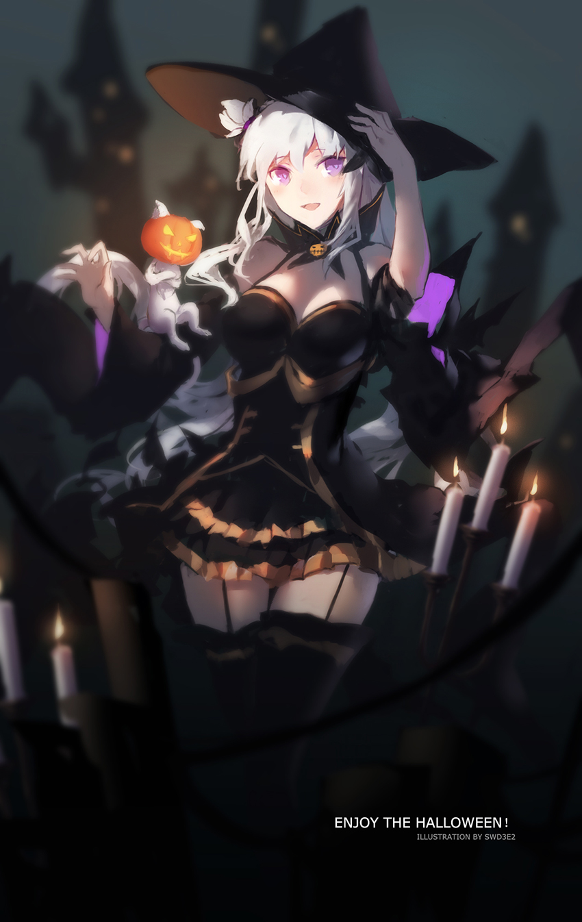 1girl bare_shoulders castle cat detached_sleeves flying hat highres jack-o'-lantern pumpkin re:zero_kara_hajimeru_isekai_seikatsu swd3e2 tower violet_eyes white_hair witch witch_hat