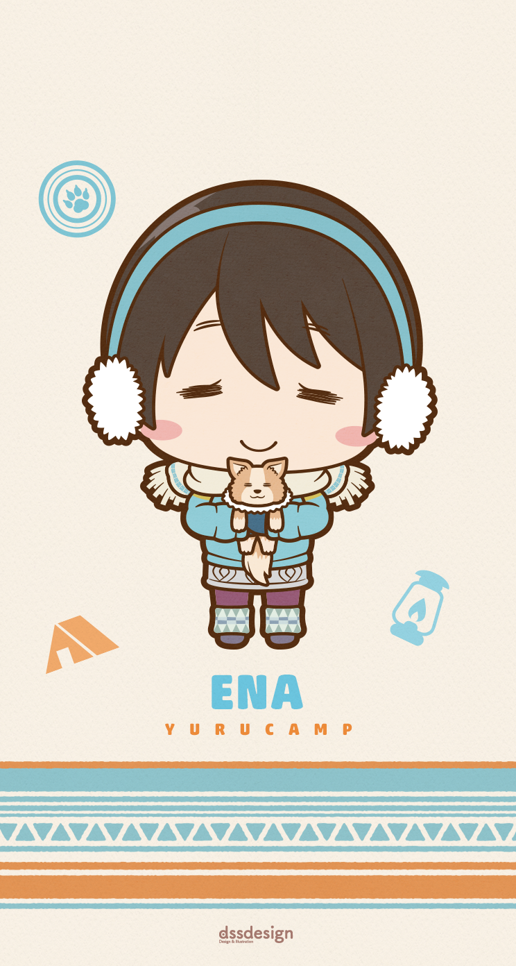 1girl :3 =_= artist_name beige_background beige_scarf blue_coat blush_stickers brown_hair character_name chibi chikuwa_(yurucamp) closed_mouth copyright_name daisensei dog earmuffs english highres holding_dog lantern mittens paw_print saitou_ena short_hair smile standing tent yurucamp