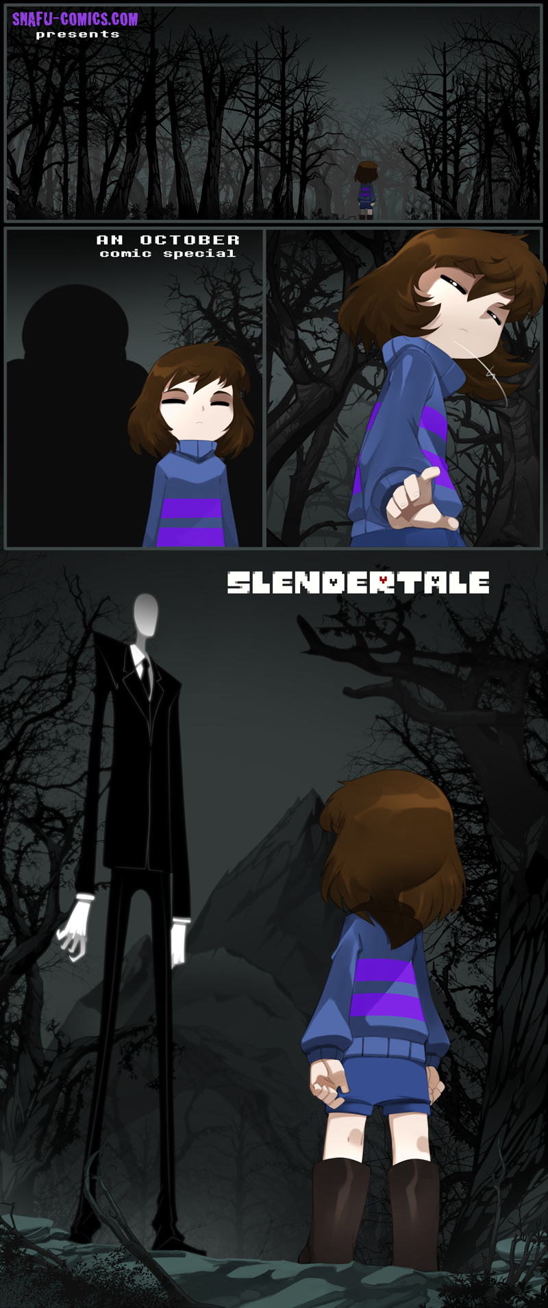 bleedman boots brown_hair closed_eyes comic commentary crossover english faceless forest formal frisk_(undertale) highres motion_lines nature necktie sans shorts silhouette slender_man standing striped striped_sweater suit sweater title_parody undertale watermark web_address white_skin