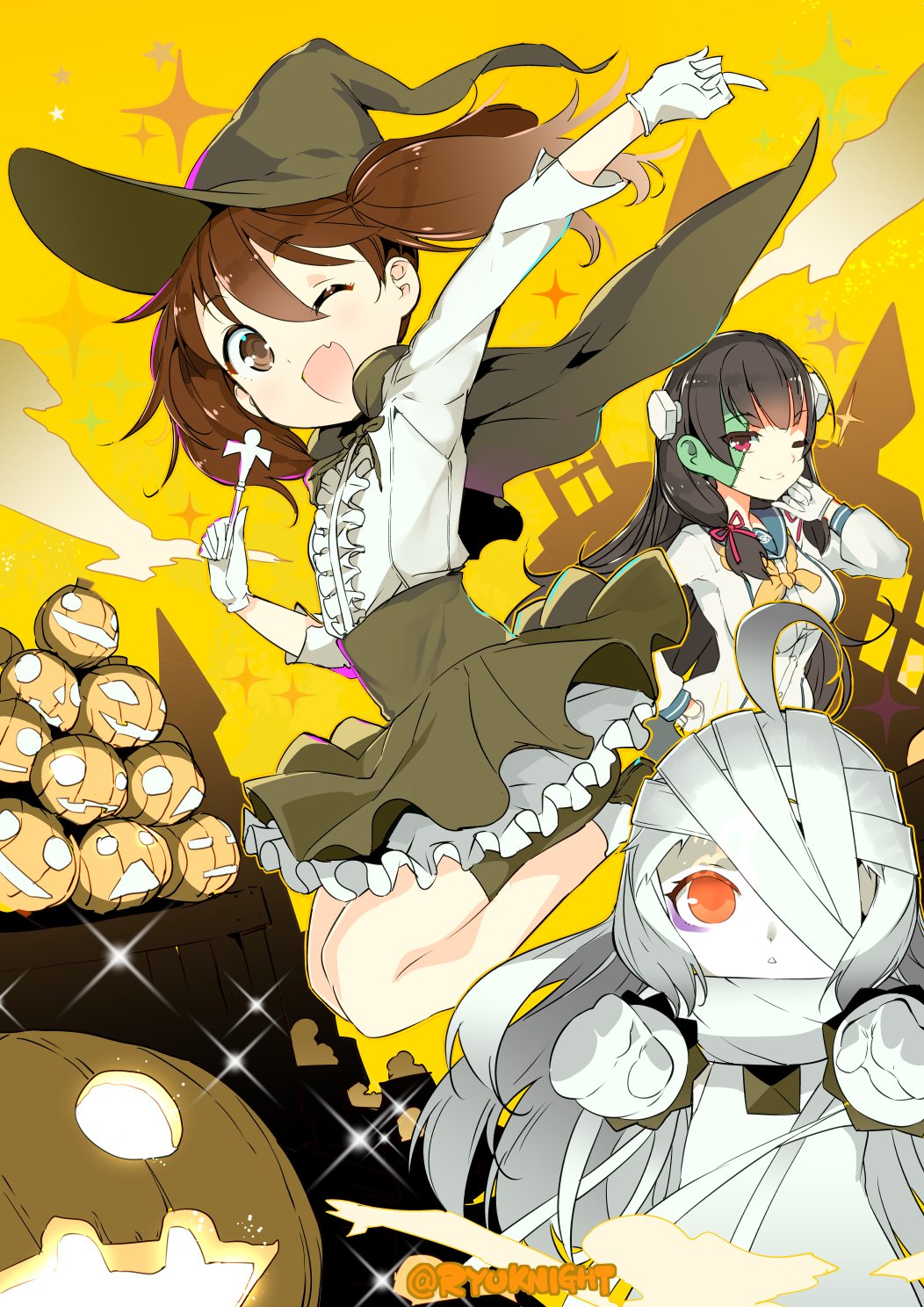 3girls alternate_costume bike_shorts black_hair brown_eyes cape commentary flat_chest frankenstein's_monster_(cosplay) gloves hair_ribbon hat highres isokaze_(kantai_collection) jack-o'-lantern jumping kantai_collection long_hair long_sleeves multiple_girls mummy_(cosplay) naitou_ryuu neckerchief northern_ocean_hime one_eye_closed pumpkin red_eyes ribbon ryuujou_(kantai_collection) sailor_collar shinkaisei-kan tress_ribbon twintails twitter_username white_hair witch witch_hat yellow_background