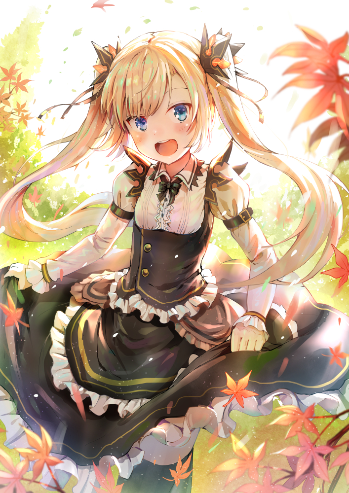 1girl blonde_hair blue_eyes blush leaf long_hair long_sleeves looking_at_viewer maid maple_leaf open_mouth original qian_wu_atai skirt_hold solo twintails