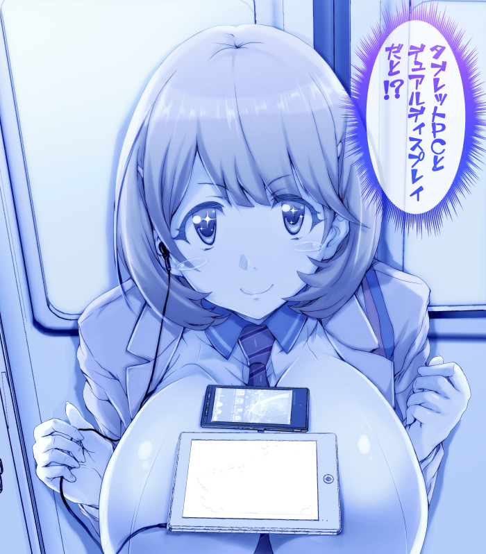 +_+ 1girl blush_stickers breasts cellphone earphones earphones hair_ornament hairclip huge_breasts kashi looking_at_viewer narusawa_ryouka necktie object_on_breast occultic;nine phone short_hair smartphone smile solo tablet_pc tawawa_challenge