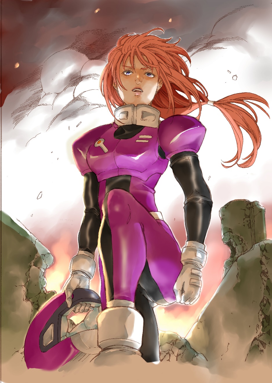 1girl bodysuit commentary_request gloves gundam gundam_unicorn helmet highres long_hair looking_at_viewer marida_cruz matsumoto_(mmm435) nib_pen_(medium) open_mouth orange_hair pilot_suit ponytail solo traditional_media