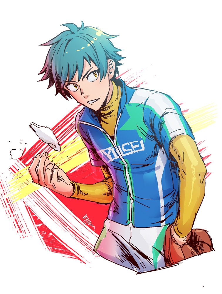 1boy baseball_mitt baseball_uniform blue_hair bnjgm. idolmaster idolmaster_side-m igari_leo looking_to_the_side male_focus parted_lips signature smile sportswear yellow_eyes