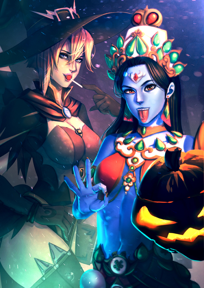 alternate_costume bakki blue_skin candy goddess_symmetra hat jack-o'-lantern lollipop looking_at_viewer mercy_(overwatch) ok_sign open_mouth overwatch pumpkin symmetra_(overwatch) thigh-highs tongue tongue_out witch_hat witch_mercy