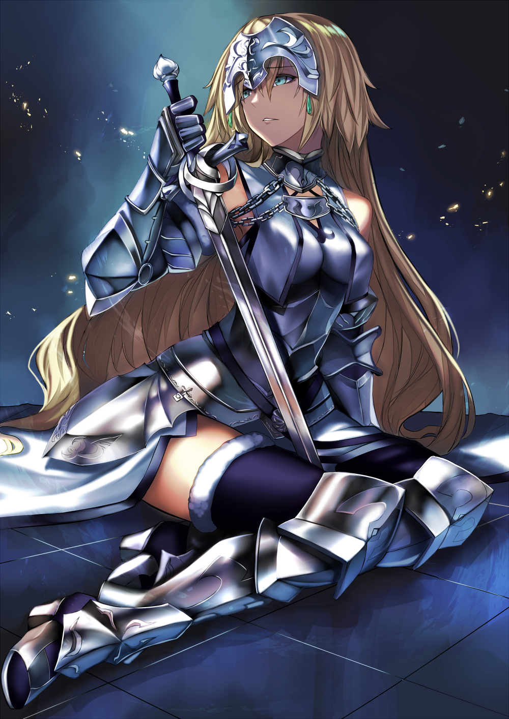 1girl armor armored_dress bare_shoulders blonde_hair blue_eyes breasts chains fate/apocrypha fate/grand_order fate_(series) gauntlets greaves headpiece helmet highres jeanne_d'arc long_hair looking_at_viewer ruler_(fate/apocrypha) ruler_(fate/grand_order) simple_background skirt solo sword weapon