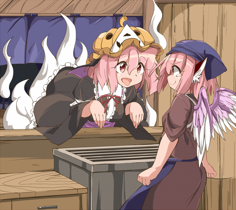 2girls adapted_costume alternate_headwear animal_ears arms_at_sides bird_wings breasts clenched_hands feathered_wings floating food ghost hair_between_eyes halloween head_scarf indoors long_sleeves looking_at_another medium_breasts moja_(moja4192) multiple_girls mystia_lorelei okamisty open_mouth pink_eyes pink_hair puffy_long_sleeves puffy_sleeves pumpkin_hat saigyouji_yuyuko scared shaded_face short_hair tears tongue tongue_out touhou wings yakitori