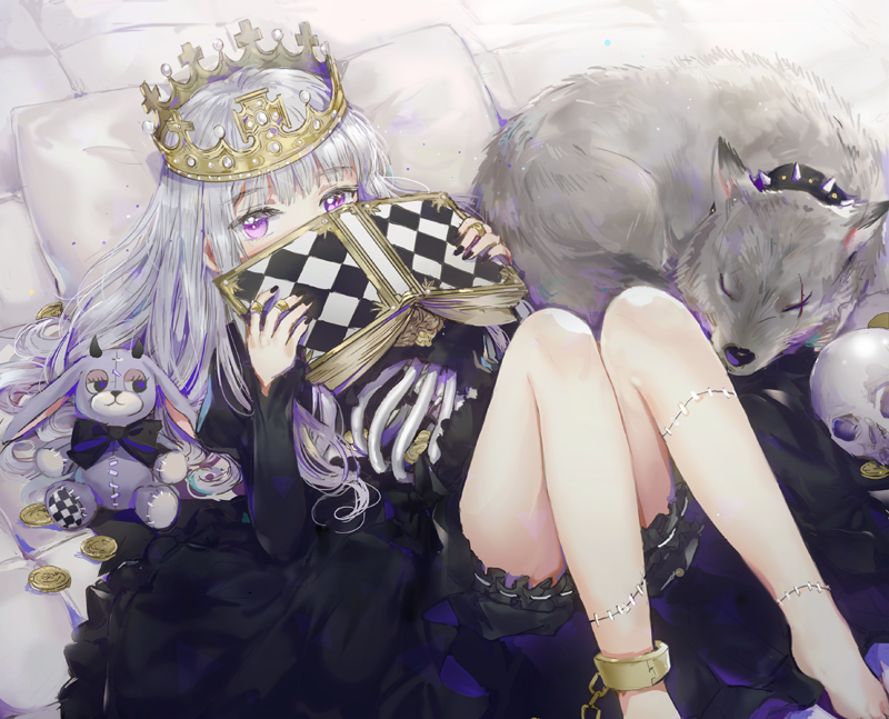 1girl ankle_cuffs bangs bare_legs barefoot black_dress blush book chain crown dangmill dress jewelry long_hair lying nail_polish on_back original pillow ribs ring scar silver_hair solo stitches stuffed_animal stuffed_bunny stuffed_toy violet_eyes wolf