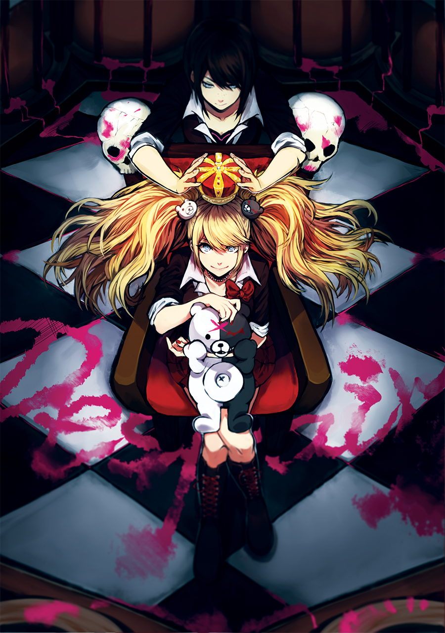 2girls bear_hair_ornament black_hair blonde_hair blue_eyes blurry bow checkered checkered_floor choker crossed_legs crown dangan_ronpa dangan_ronpa_1 enoshima_junko from_above hair_ornament highres ikusaba_mukuro long_hair looking_up multiple_girls pkynocardia sitting skirt skull sleeves_rolled_up stuffed_animal stuffed_toy teddy_bear throne twintails