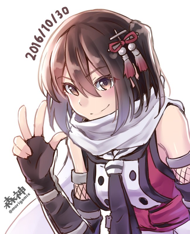 &gt;:) 1girl brown_eyes brown_hair commentary dated elbow_gloves fingerless_gloves gloves hair_ornament kantai_collection looking_at_viewer morigami_(morigami_no_yashiro) necktie remodel_(kantai_collection) scarf sendai_(kantai_collection) solo twitter_username two_side_up upper_body v white_background